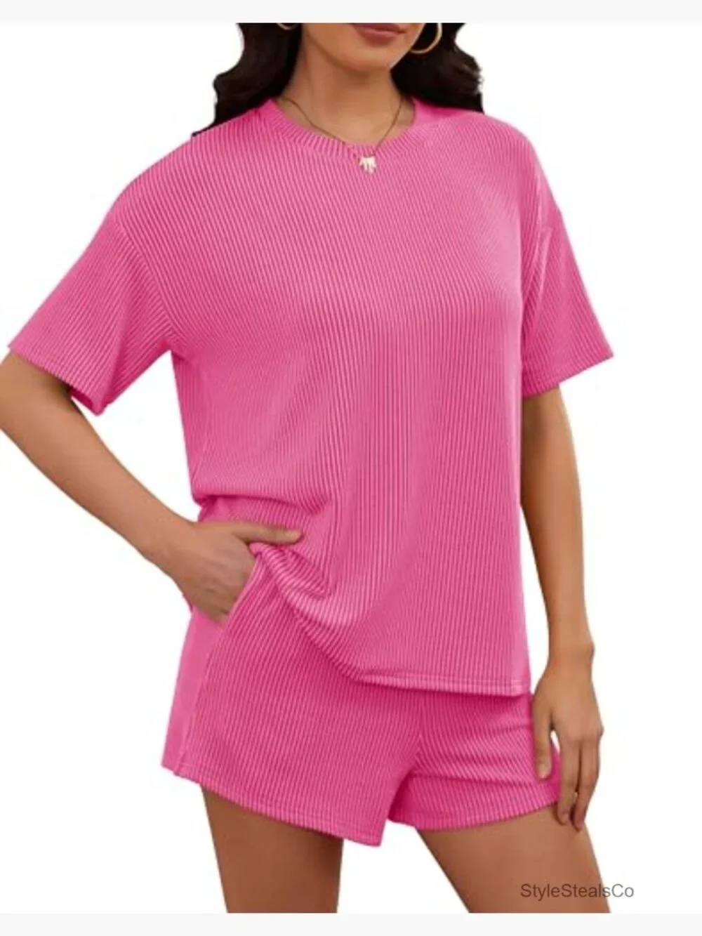 Women's 2 Piece Lounge Shorts Set Ribbed Knit Matching Oversized Tracksuit